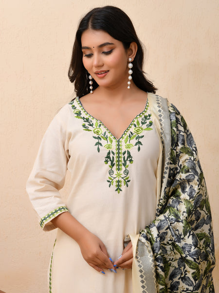 Cream embroidered kurta set with solid pants & printed dupatta