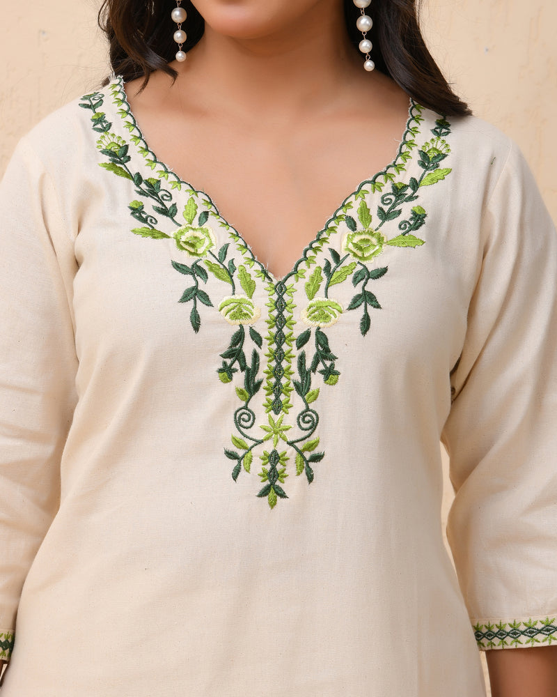 Cream embroidered kurta set with solid pants & printed dupatta