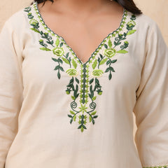 Cream embroidered kurta set with solid pants & printed dupatta