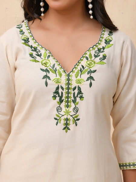 Cream embroidered kurta set with solid pants & printed dupatta