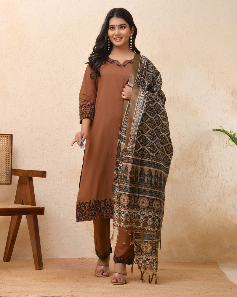 Brown embroidered kurta set with solid pants & printed dupatta