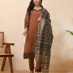 Brown embroidered kurta set with solid pants & printed dupatta