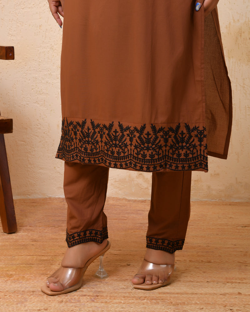 Brown embroidered kurta set with solid pants & printed dupatta
