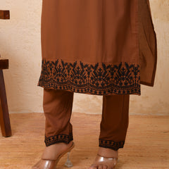 Brown embroidered kurta set with solid pants & printed dupatta