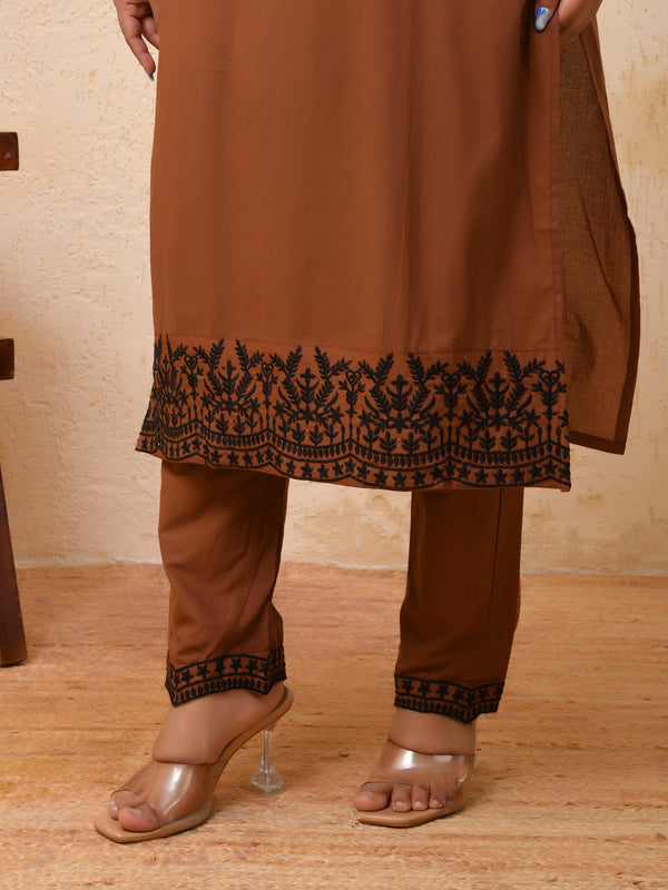 Brown embroidered kurta set with solid pants & printed dupatta