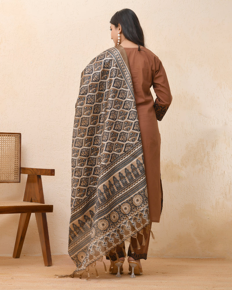Brown embroidered kurta set with solid pants & printed dupatta
