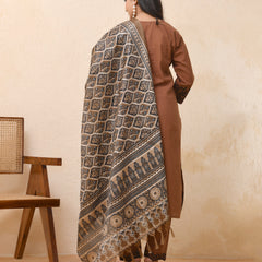Brown embroidered kurta set with solid pants & printed dupatta