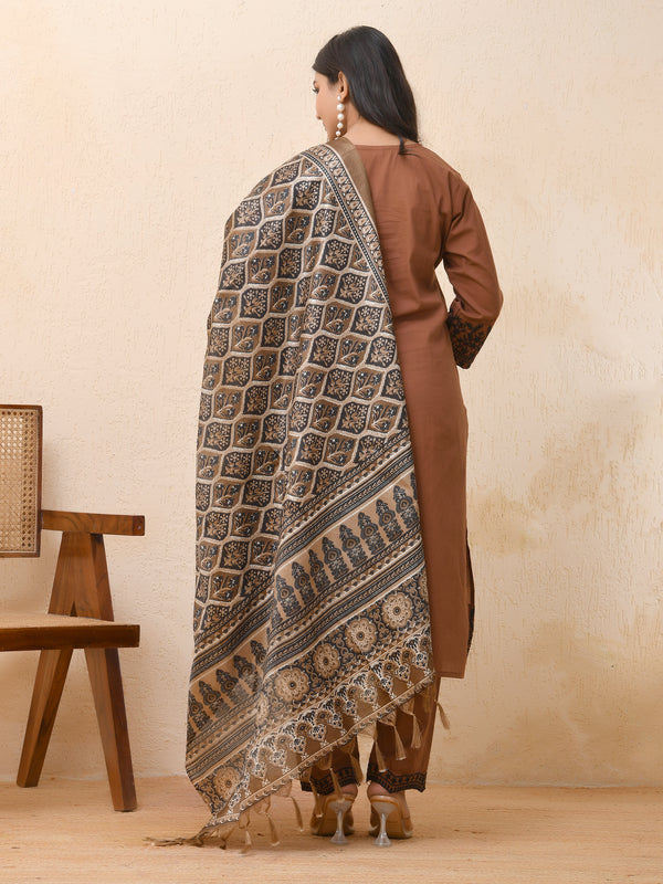Brown embroidered kurta set with solid pants & printed dupatta