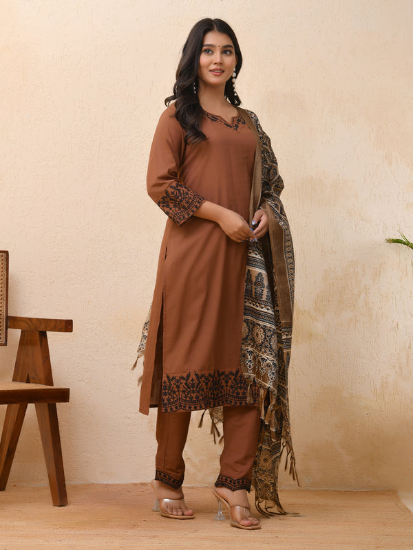 Brown embroidered kurta set with solid pants & printed dupatta