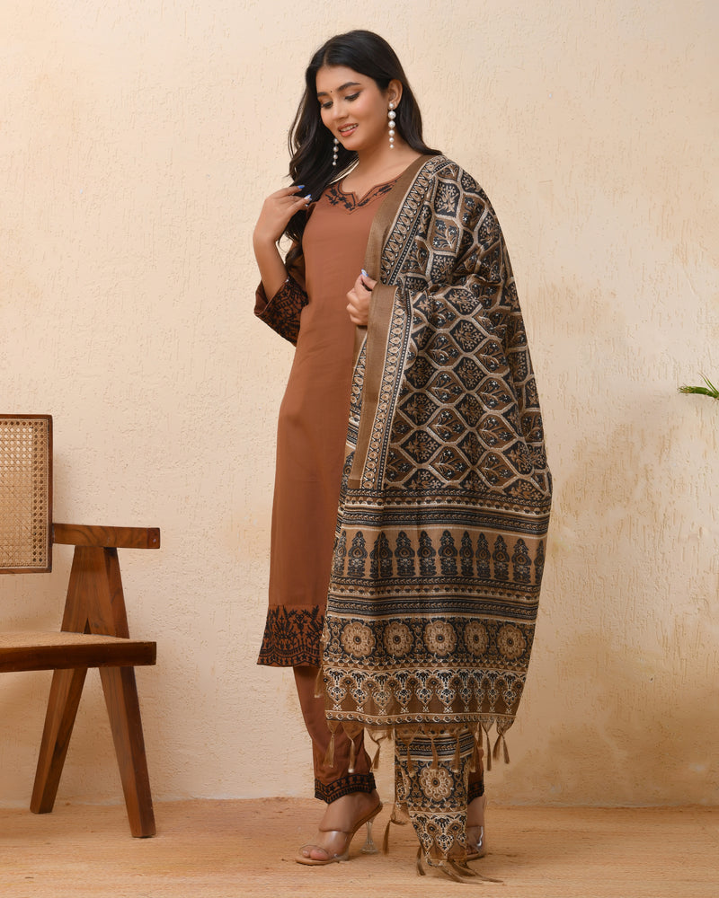 Brown embroidered kurta set with solid pants & printed dupatta