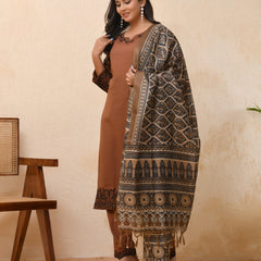 Brown embroidered kurta set with solid pants & printed dupatta