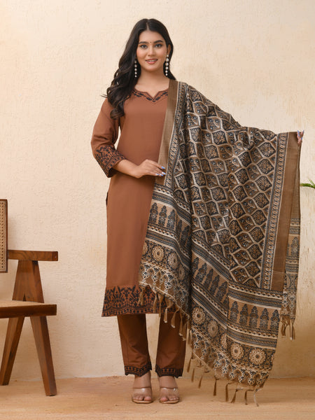 Brown embroidered kurta set with solid pants & printed dupatta