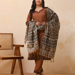 Brown embroidered kurta set with solid pants & printed dupatta