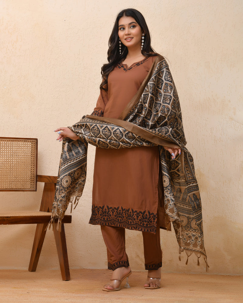 Brown embroidered kurta set with solid pants & printed dupatta