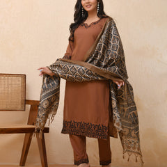 Brown embroidered kurta set with solid pants & printed dupatta