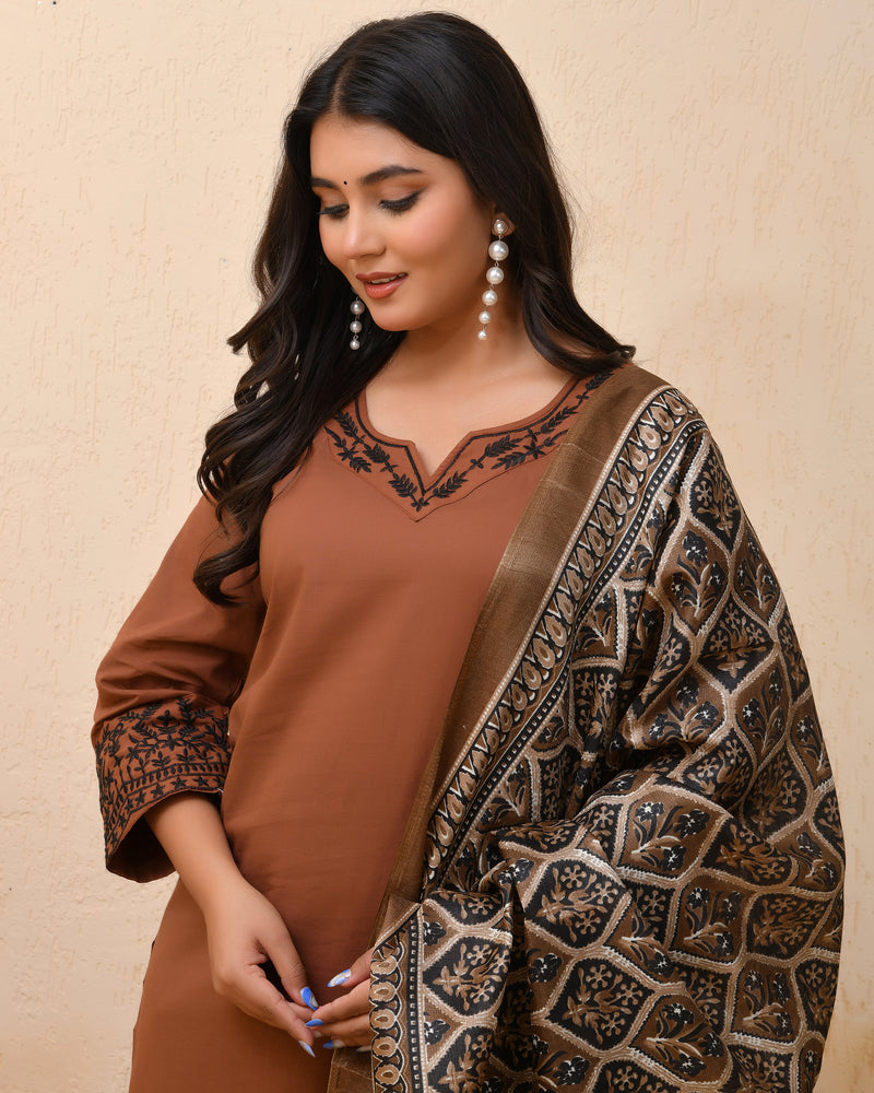 Brown embroidered kurta set with solid pants & printed dupatta
