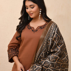 Brown embroidered kurta set with solid pants & printed dupatta