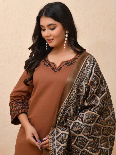 Brown embroidered kurta set with solid pants & printed dupatta