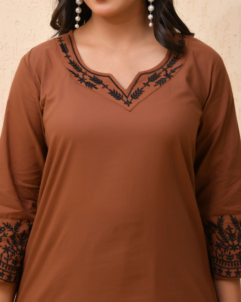 Brown embroidered kurta set with solid pants & printed dupatta