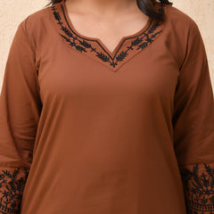 Brown embroidered kurta set with solid pants & printed dupatta