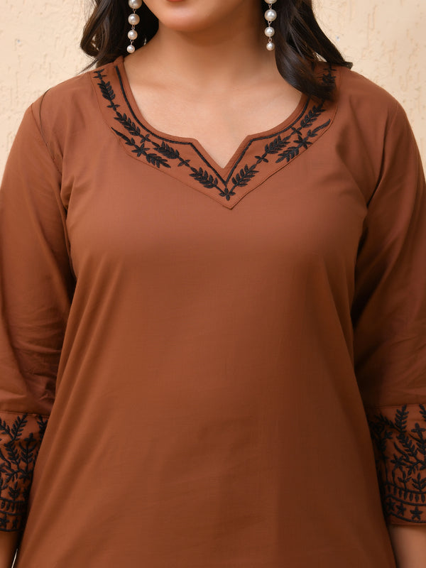 Brown embroidered kurta set with solid pants & printed dupatta