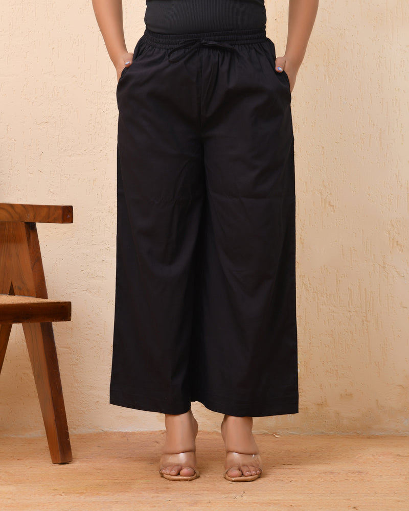 Black solid Palazzo style half elastic draw strings pant
