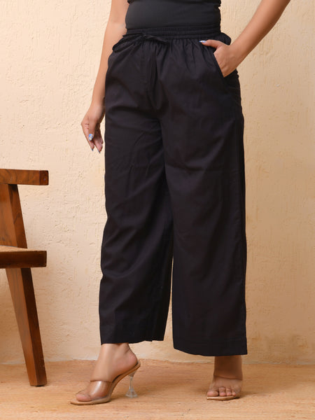 Black solid Palazzo style half elastic draw strings pant