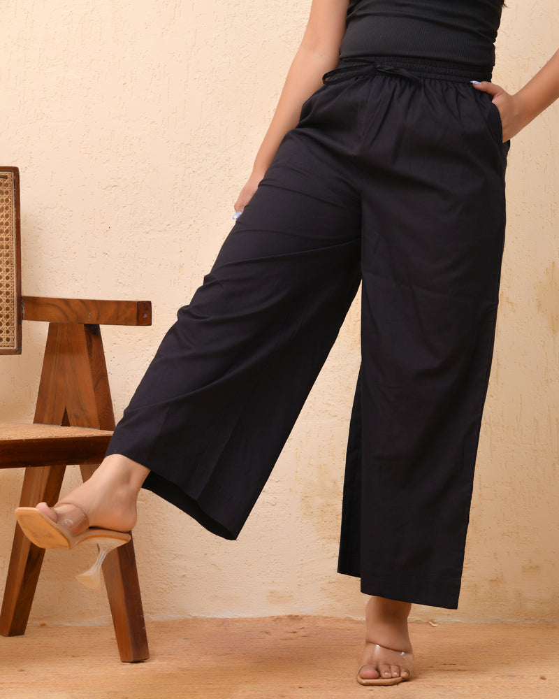 Black solid Palazzo style half elastic draw strings pant