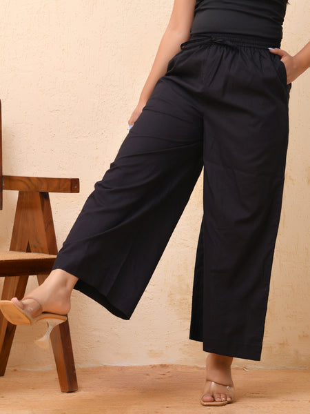 Black solid Palazzo style half elastic draw strings pant