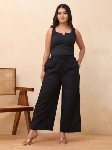 Black solid Palazzo style half elastic draw strings pant