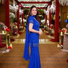 Royal Blue Embroidered Georgette Sharara Suit Set with Dupatta