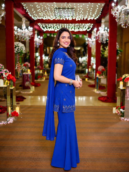 Royal Blue Embroidered Georgette Sharara Suit Set with Dupatta