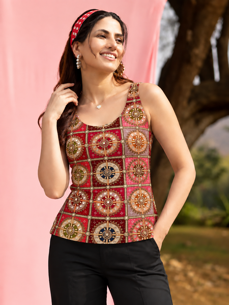 Women's Embroidered Mirror Work Sleeveless Crepe Top