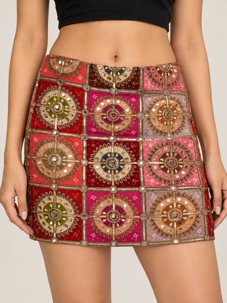 Crepe Embroidered Mirror Work Mini Skirt