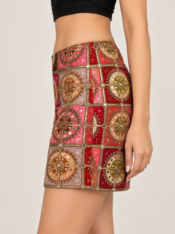 Crepe Embroidered Mirror Work Mini Skirt
