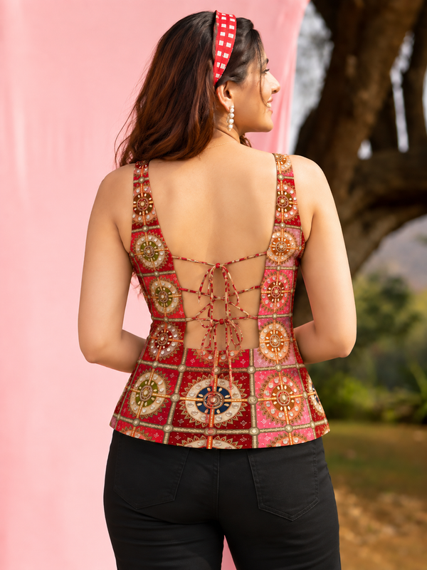 Women's Embroidered Mirror Work Sleeveless Crepe Top