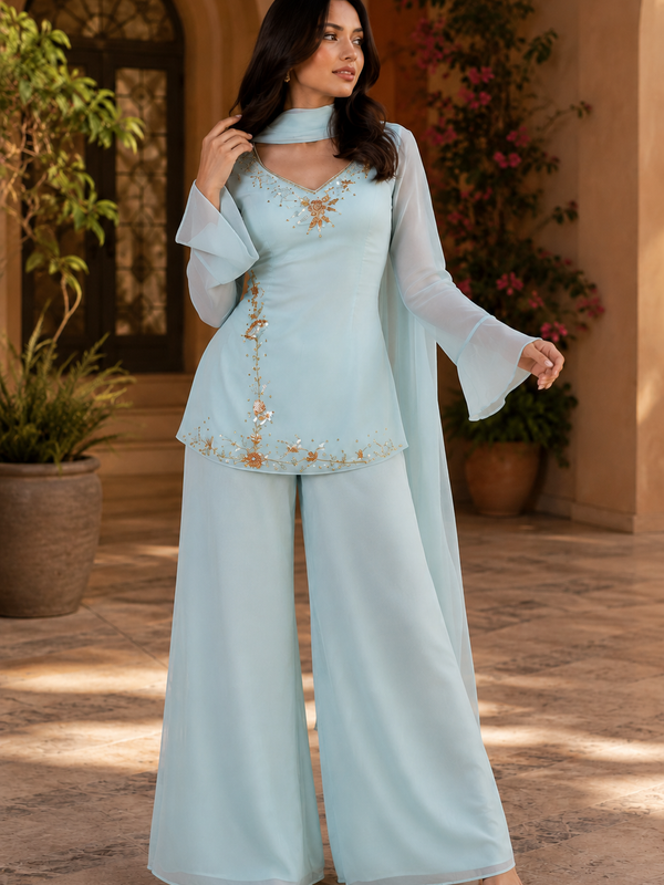 Blingy Blue Hand-Embroidered Suit Set