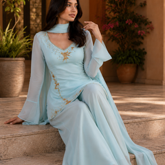 Blingy Blue Hand-Embroidered Suit Set