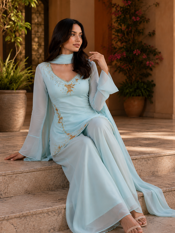Blingy Blue Hand-Embroidered Suit Set