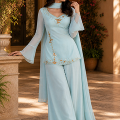 Blingy Blue Hand-Embroidered Suit Set