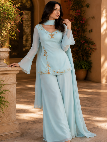 Blingy Blue Hand-Embroidered Suit Set