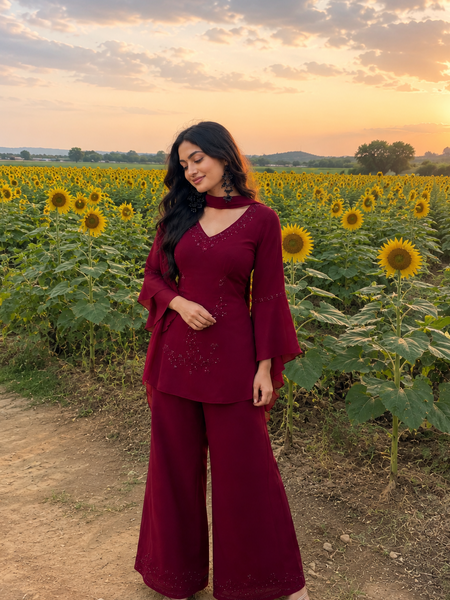 Embroidered Co-Ord Set with Flared Sleeves