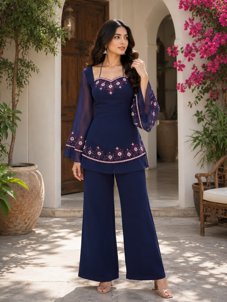 Dark Blue Embroidered Kurta Set