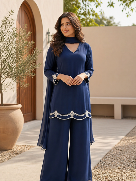 Royal Blue Embroidered Festive Co-Ord Set