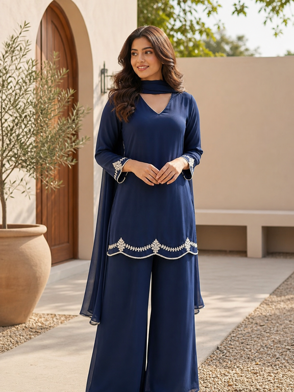 Royal Blue Embroidered Festive Co-Ord Set