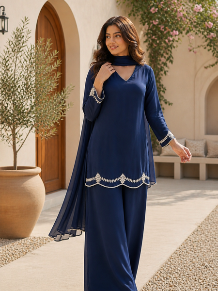 Royal Blue Embroidered Festive Co-Ord Set