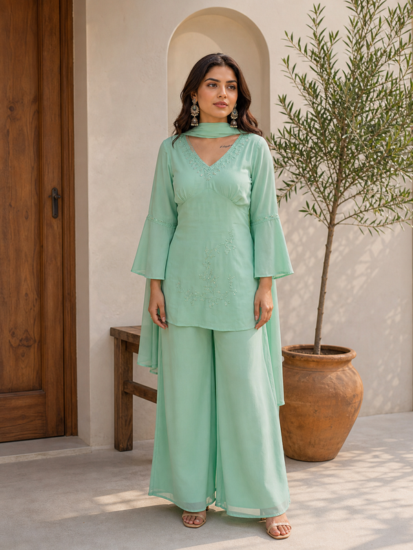Embroidered Co-Ord Set with Flared Sleeves