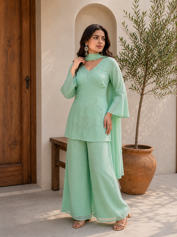 Embroidered Co-Ord Set with Flared Sleeves