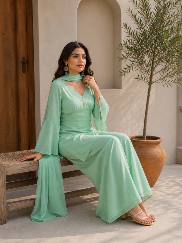 Embroidered Co-Ord Set with Flared Sleeves