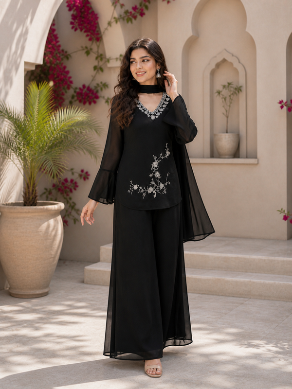 Embroidered Co-Ord Set with Flared Sleeves